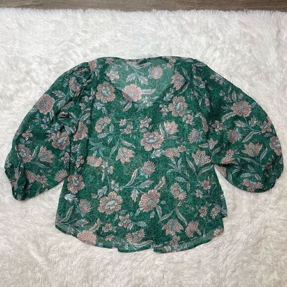 Torrid Blouse Green Floral Sheer Size 0 (Large) Balloon Sleeve Loose Fit - Picture 9 of 11